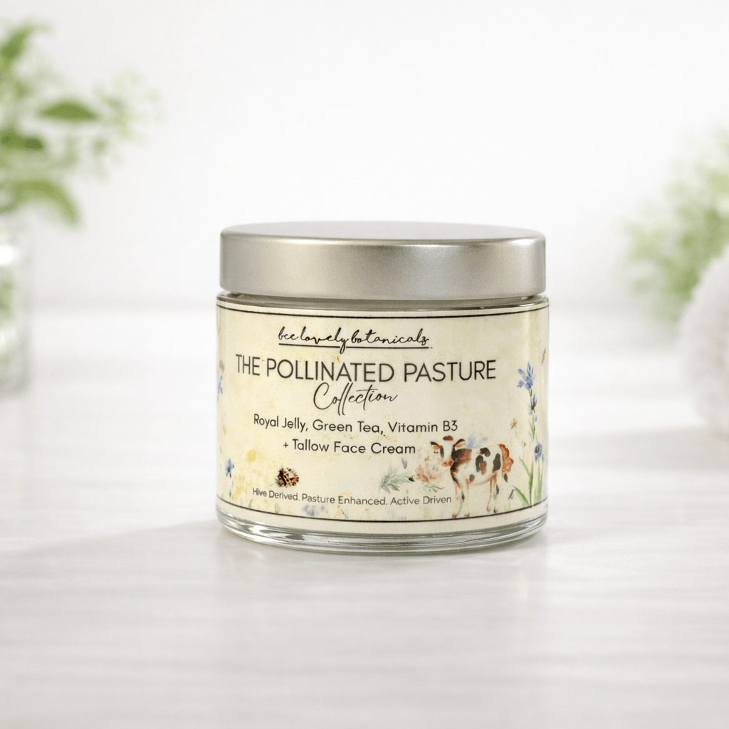 BeeLovelyBotanicals Lotion & Moisturizer Pollinated Pasture Royal Jelly, Green Tea, and Vitamin B3 Face Cream with Tallow