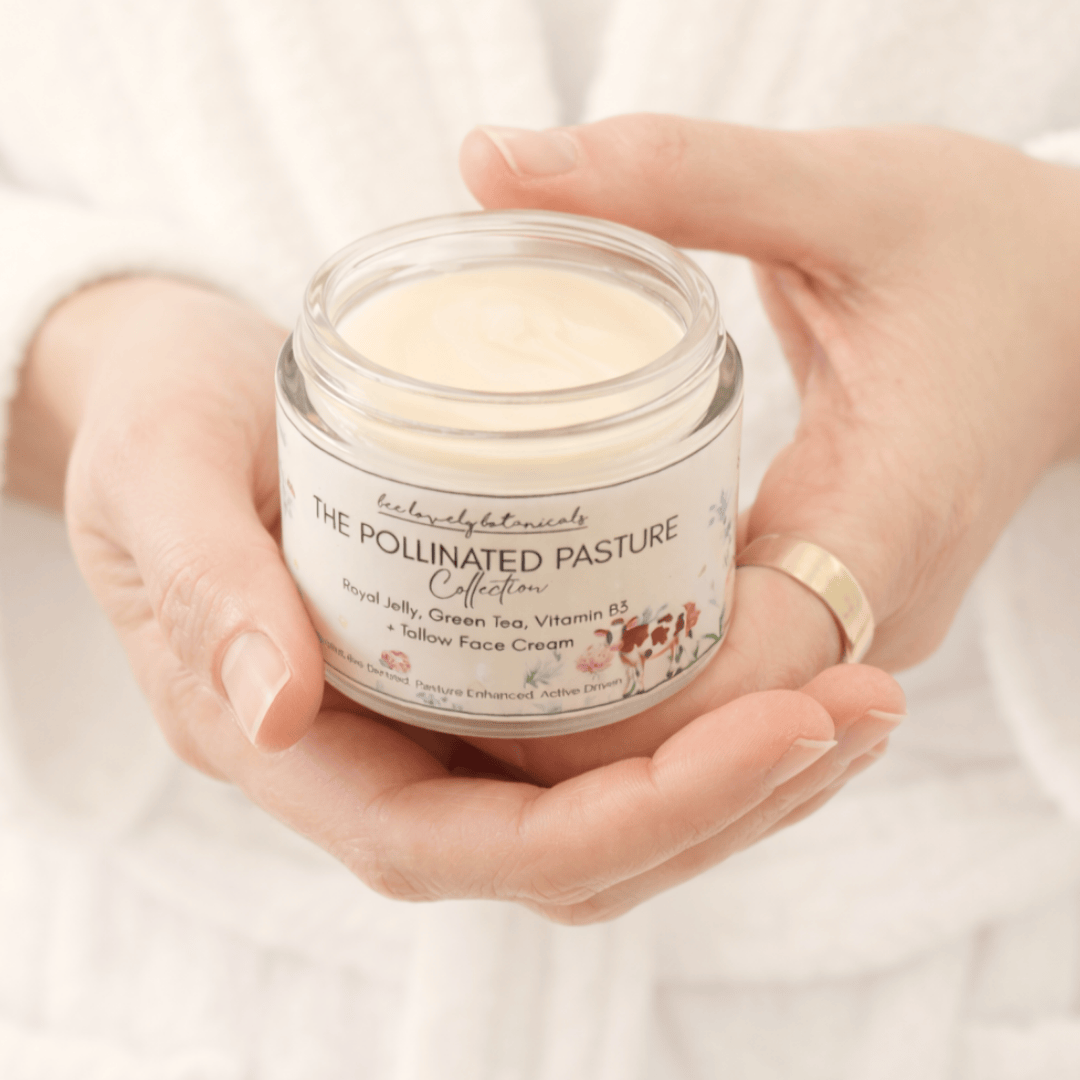 BeeLovelyBotanicals Lotion & Moisturizer Pollinated Pasture Royal Jelly, Green Tea, and Vitamin B3 Face Cream with Tallow
