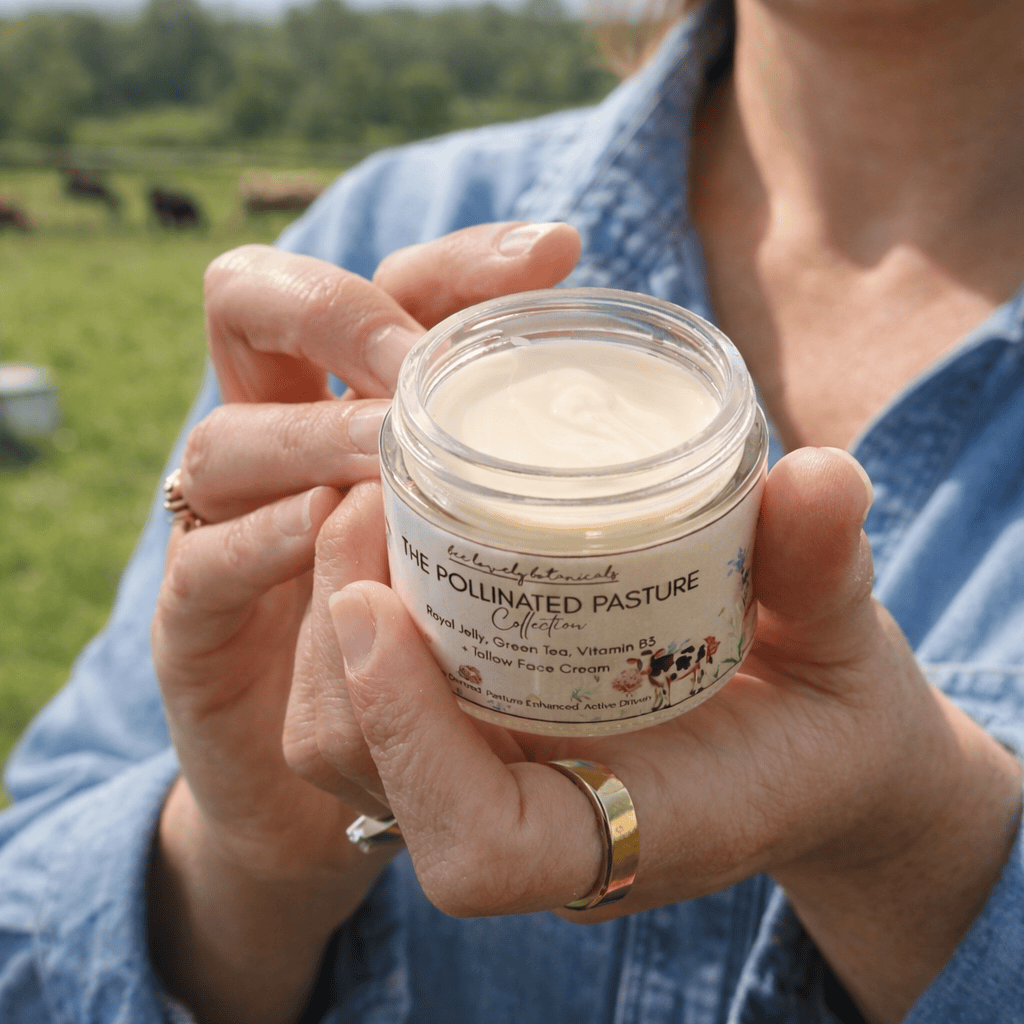 BeeLovelyBotanicals Lotion & Moisturizer Pollinated Pasture Royal Jelly, Green Tea, and Vitamin B3 Face Cream with Tallow
