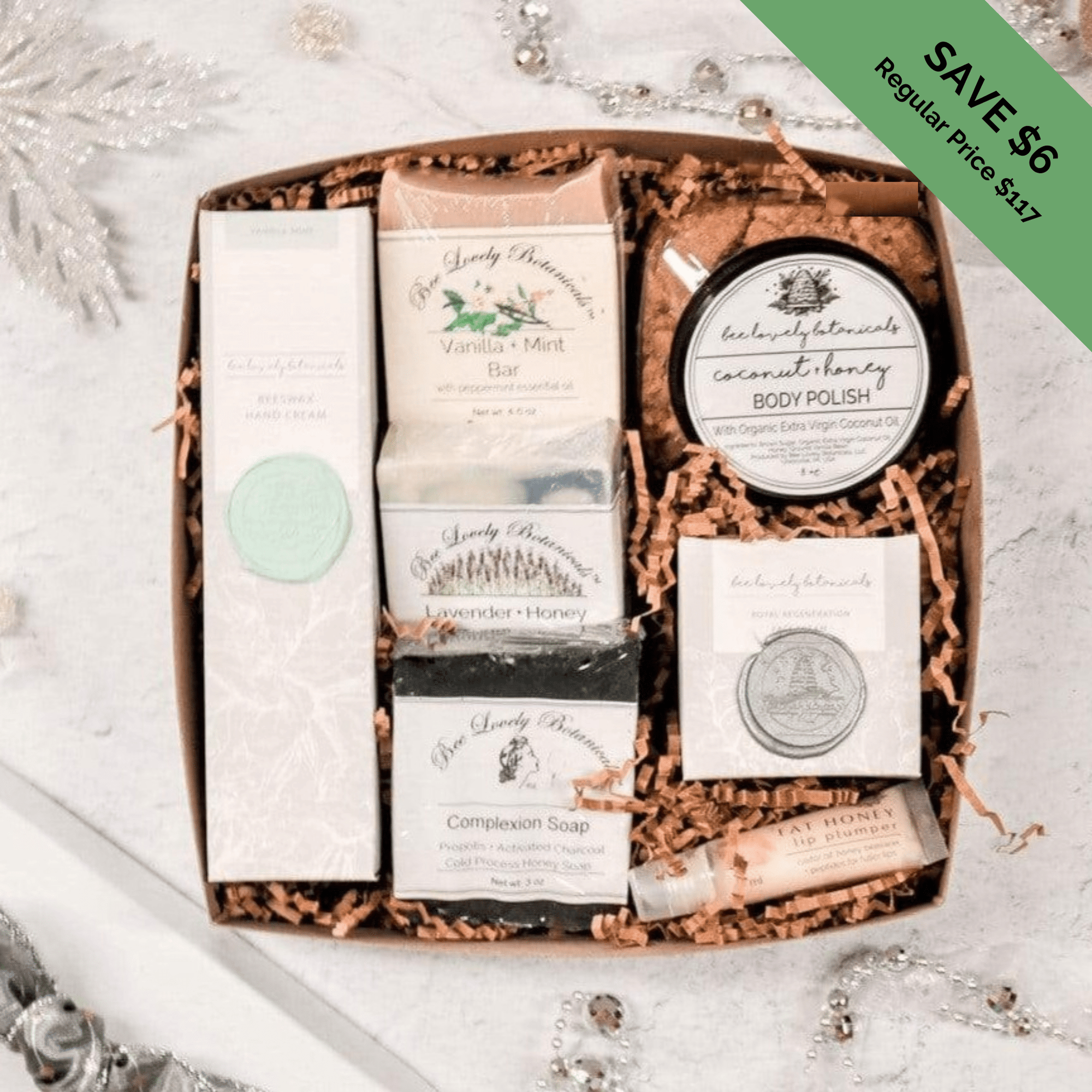 BeeLovelyBotanicals Bath & Body Gift Sets Bee Lovely Botanicals Deluxe Starter Kit with beeswax hand cream, royal jelly face cream, sugar and honey body scrub, lip plumper, honey soap, and propolis soap