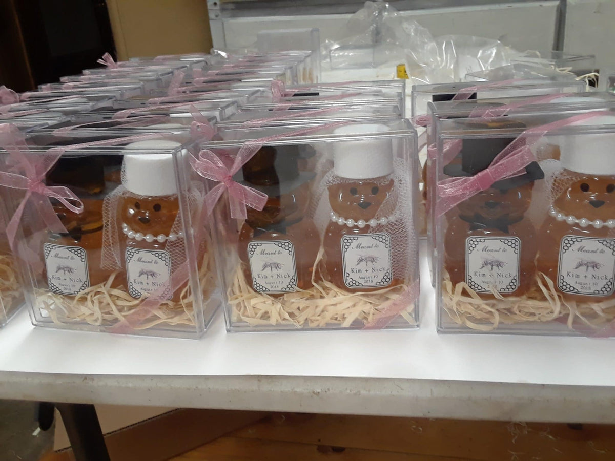 BeeLovelyBotanicals Bride and Groom Honey Bear in acrylic box with ribbon
