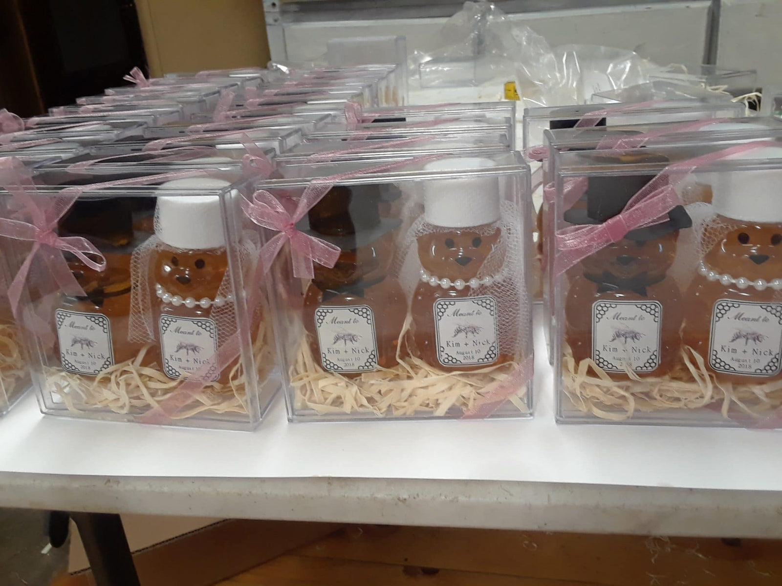 BeeLovelyBotanicals Bride and Groom Honey Bear in acrylic box with ribbon