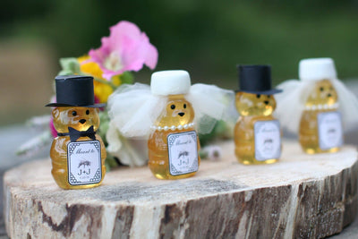 BeeLovelyBotanicals Bride and Groom Honey Bear in acrylic box with ribbon