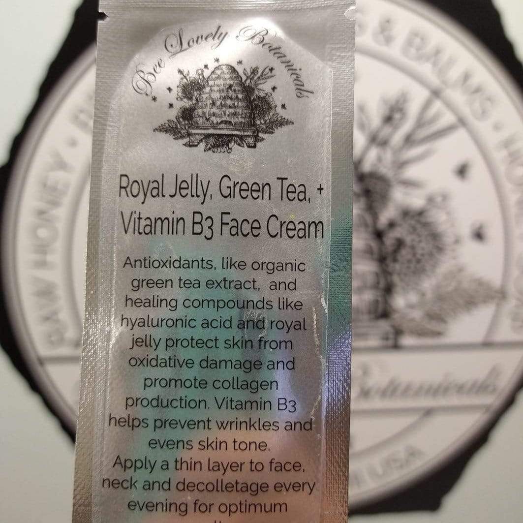 BeeLovelyBotanicals Moisturizer Sample Royal jelly, green tea, and vitamin b3 face cream with organic ingredients